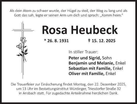 Traueranzeige von Rosa Heubeck von Ansbach