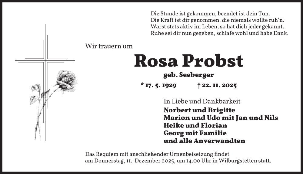  Traueranzeige für Rosa Probst vom 09.12.2025 aus Dinkelsbühl/ Feuchtwangen