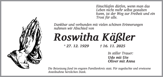 Traueranzeige von Roswitha Käßler von Neustadt/ Scheinfeld/ Uffenheim