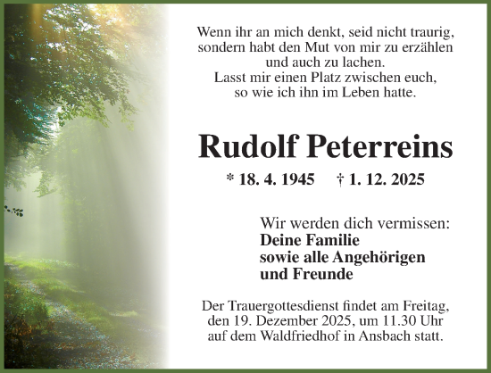 Traueranzeige von Rudolf Peterreins von Ansbach