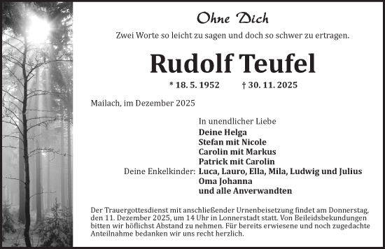 Traueranzeige von Rudolf Teufel von Neustadt/ Scheinfeld/ Uffenheim