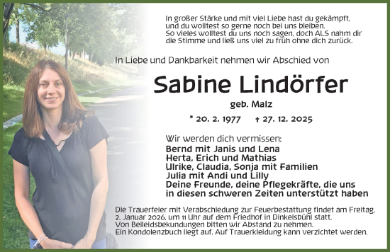 Traueranzeige von Sabine Lindörfer von Dinkelsbühl/ Feuchtwangen