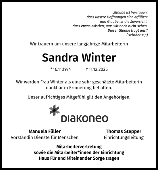 Traueranzeige von Sandra Winter von GE