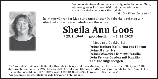 Traueranzeige von Sheila Ann Goos von Neustadt/ Scheinfeld/ Uffenheim