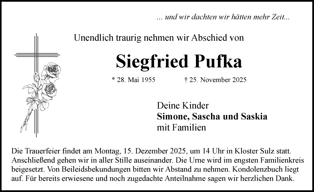  Traueranzeige für Siegfried Pufka vom 10.12.2025 aus Rothenburg