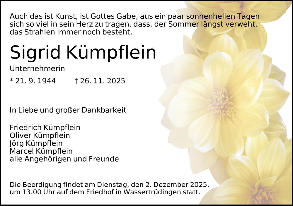  Traueranzeige für Sigrid Kümpflein vom 01.12.2025 aus Dinkelsbühl/ Feuchtwangen