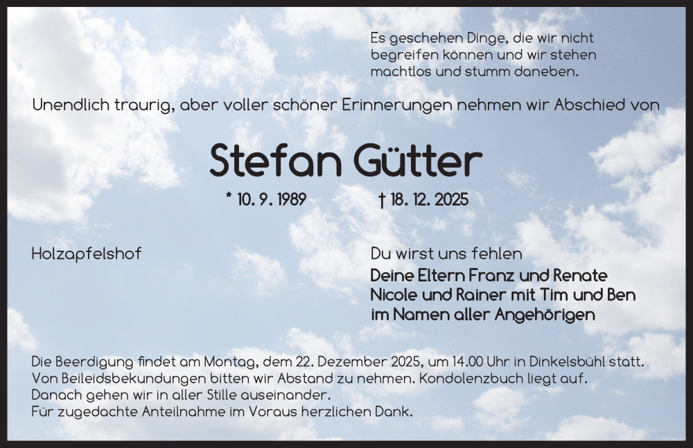 Traueranzeige für Stefan Gütter vom 20.12.2025 aus Dinkelsbühl/ Feuchtwangen