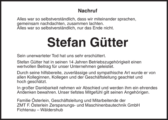 Traueranzeige von Stefan Gütter von Dinkelsbühl/ Feuchtwangen