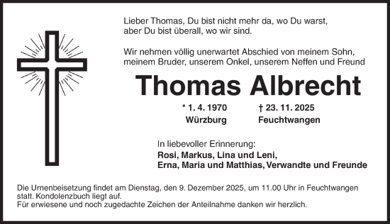 Traueranzeige von Thomas Albrecht von Dinkelsbühl/ Feuchtwangen