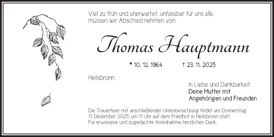 Traueranzeige von Thomas Hauptmann von Ansbach