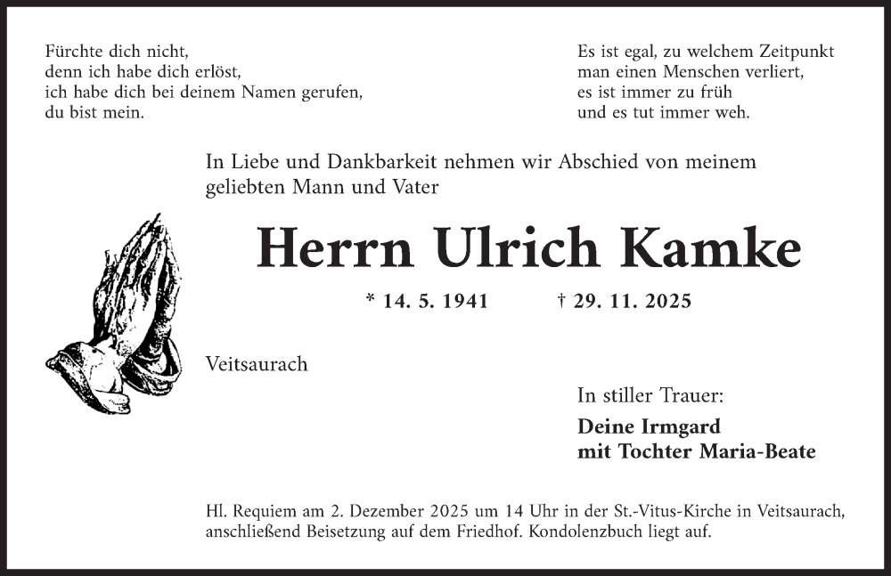  Traueranzeige für Ulrich Kamke vom 01.12.2025 aus Ansbach