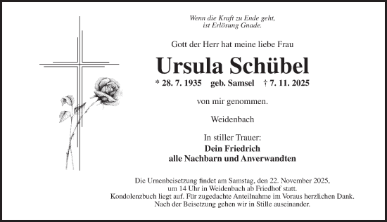 Traueranzeige von Ursula Schübel von Ansbach