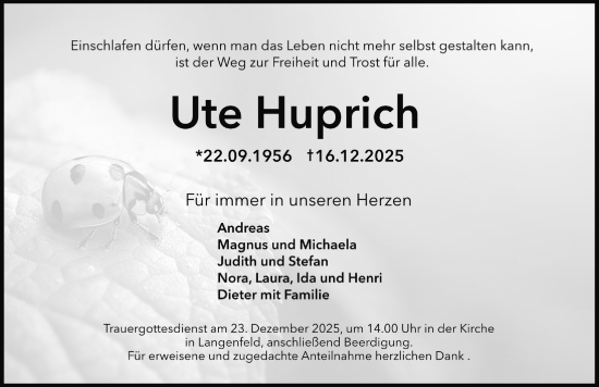 Traueranzeige von Ute Huprich von Neustadt/ Scheinfeld/ Uffenheim