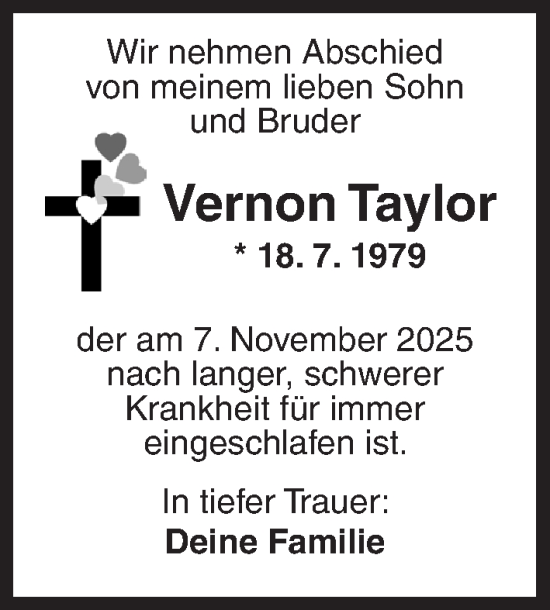 Traueranzeige von Vernon Taylor von Ansbach