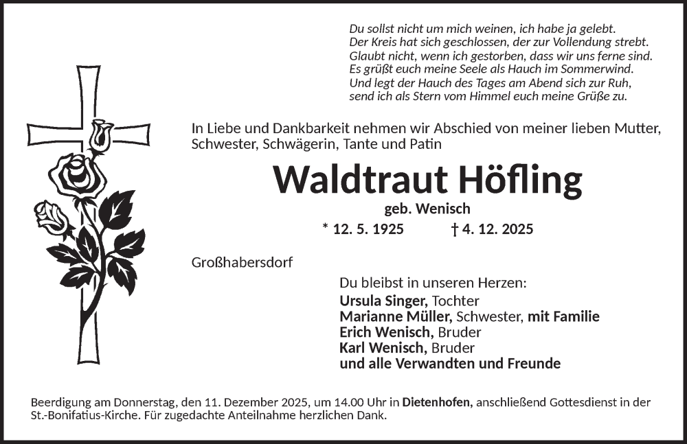  Traueranzeige für Waldtraut Höfling vom 08.12.2025 aus Ansbach