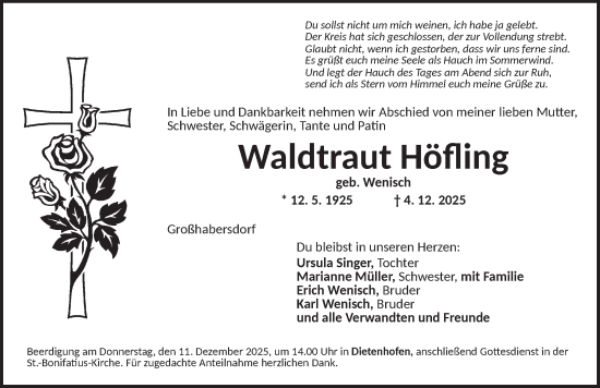 Traueranzeige von Waldtraut Höfling von Ansbach