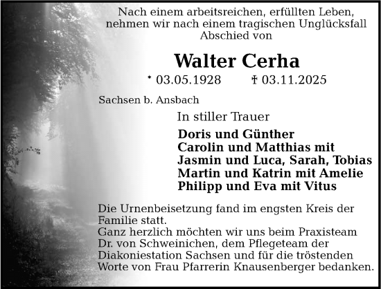 Traueranzeige von Walter Cerha von Ansbach