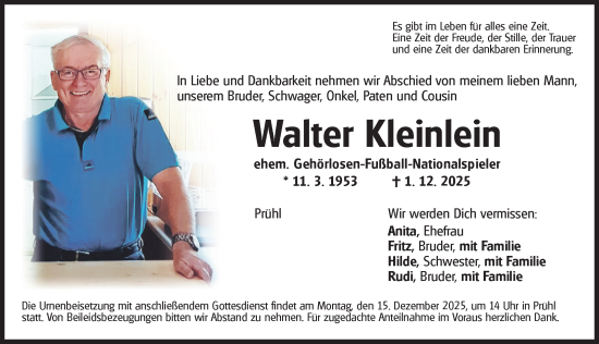 Traueranzeige von Walter Kleinlein von Neustadt/ Scheinfeld/ Uffenheim