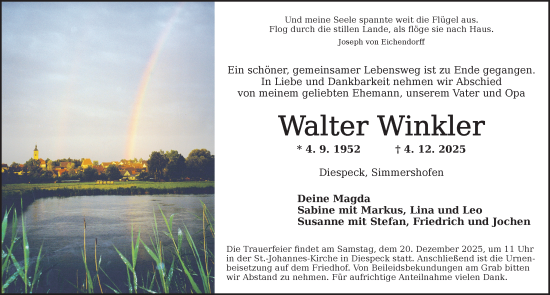 Traueranzeige von Walter Winkler von Neustadt/ Scheinfeld/ Uffenheim