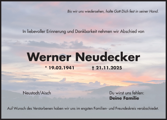Traueranzeige von Werner Neudecker von Neustadt/ Scheinfeld/ Uffenheim