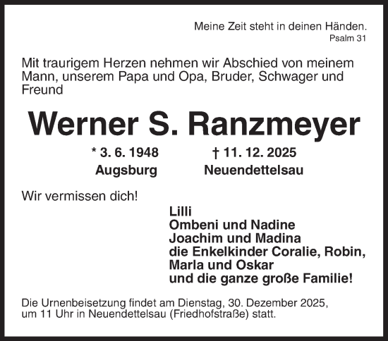 Traueranzeige von Werner S. Ranzmeyer von Ansbach
