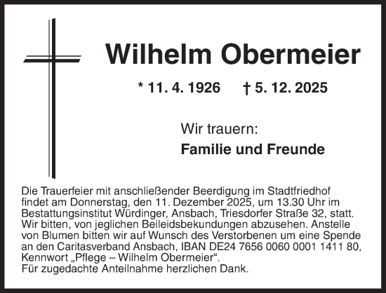 Traueranzeige von Wilhelm Obermeier von Ansbach