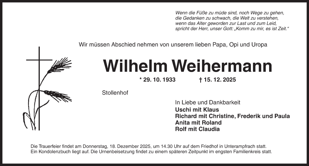  Traueranzeige für Wilhelm Weihermann vom 17.12.2025 aus Dinkelsbühl/ Feuchtwangen