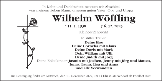 Traueranzeige von Wilhelm Wöffling von Ansbach