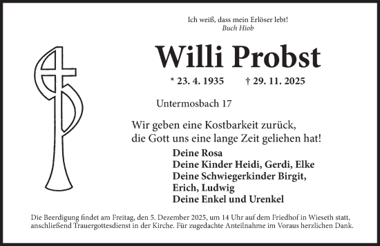 Traueranzeige von Willi Probst von Dinkelsbühl/ Feuchtwangen