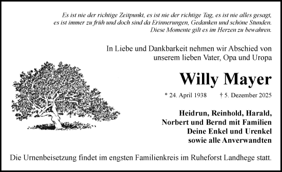 Traueranzeige von Willy Mayer von Rothenburg