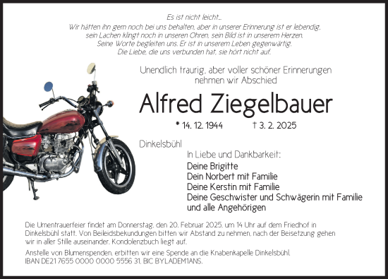 Traueranzeige von Alfred Ziegelbauer von Dinkelsbühl/ Feuchtwangen