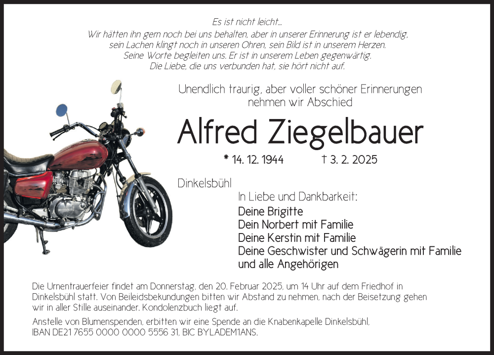  Traueranzeige für Alfred Ziegelbauer vom 18.02.2025 aus Dinkelsbühl/ Feuchtwangen