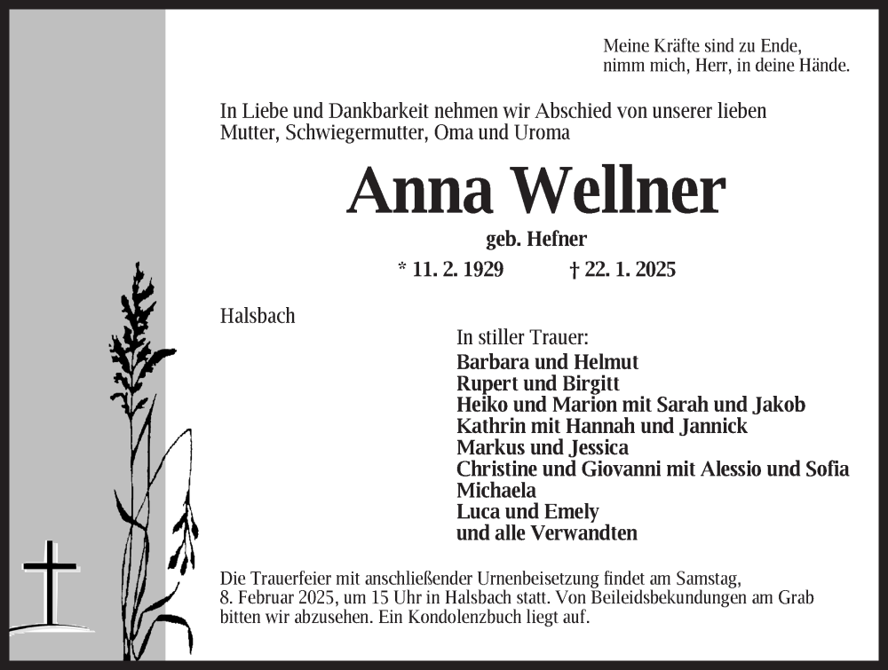  Traueranzeige für Anna Wellner vom 06.02.2025 aus Dinkelsbühl/ Feuchtwangen
