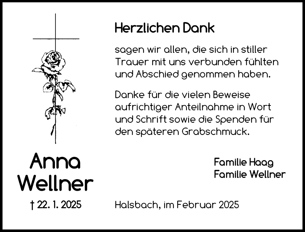  Traueranzeige für Anna Wellner vom 26.02.2025 aus Dinkelsbühl/ Feuchtwangen