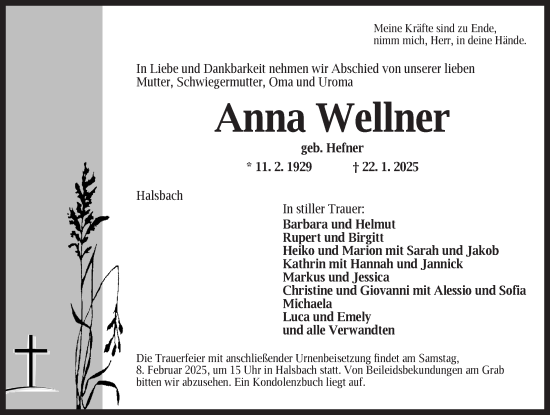 Traueranzeige von Anna Wellner von Dinkelsbühl/ Feuchtwangen