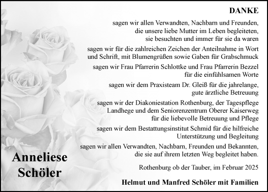 Traueranzeige von Anneliese Schöler von Rothenburg