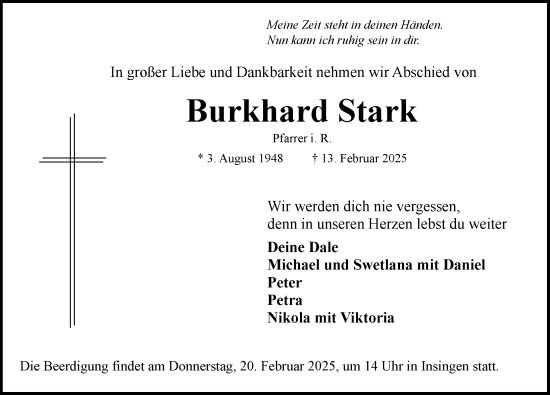 Traueranzeige von Burkhard Stark von Ansbach