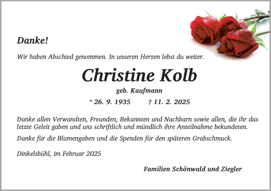 Traueranzeige von Christine Kolb von Dinkelsbühl/ Feuchtwangen