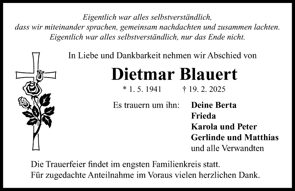  Traueranzeige für Dietmar Blauert vom 01.03.2025 aus Neustadt/ Scheinfeld/ Uffenheim