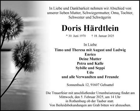 Traueranzeige von Doris Härdtlein von Rothenburg