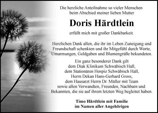 Traueranzeige von Doris Härdtlein von Rothenburg
