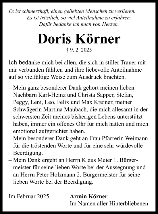 Traueranzeige von Doris Körner von Neustadt/ Scheinfeld/ Uffenheim