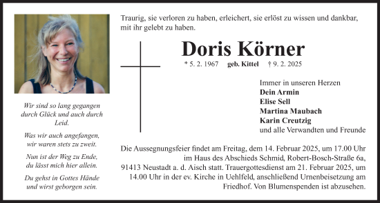 Traueranzeige von Doris Körner von Neustadt/ Scheinfeld/ Uffenheim