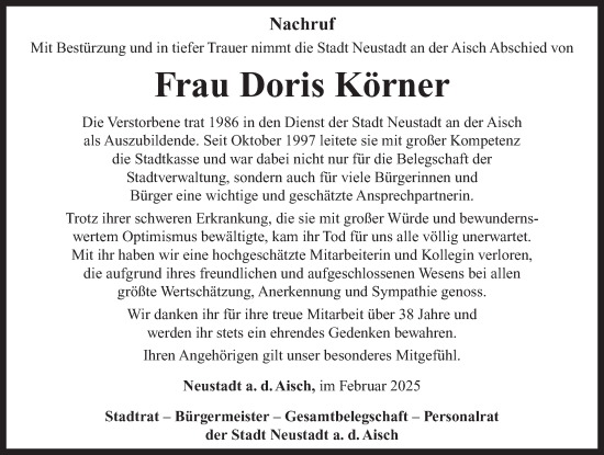 Traueranzeige von Doris Körner von Neustadt/ Scheinfeld/ Uffenheim