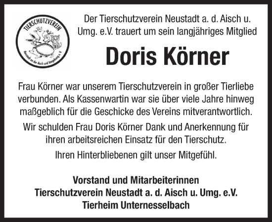 Traueranzeige von Doris Körner von Neustadt/ Scheinfeld/ Uffenheim