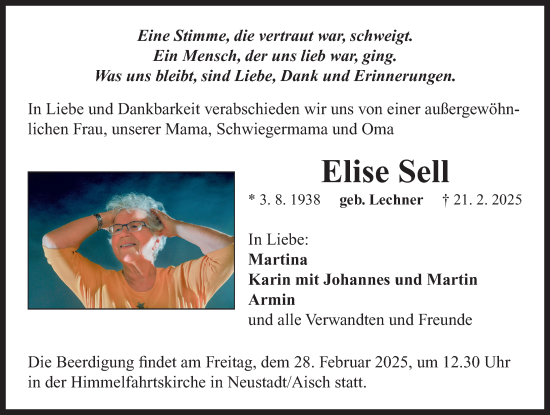 Traueranzeige von Elise Sell von Neustadt/ Scheinfeld/ Uffenheim