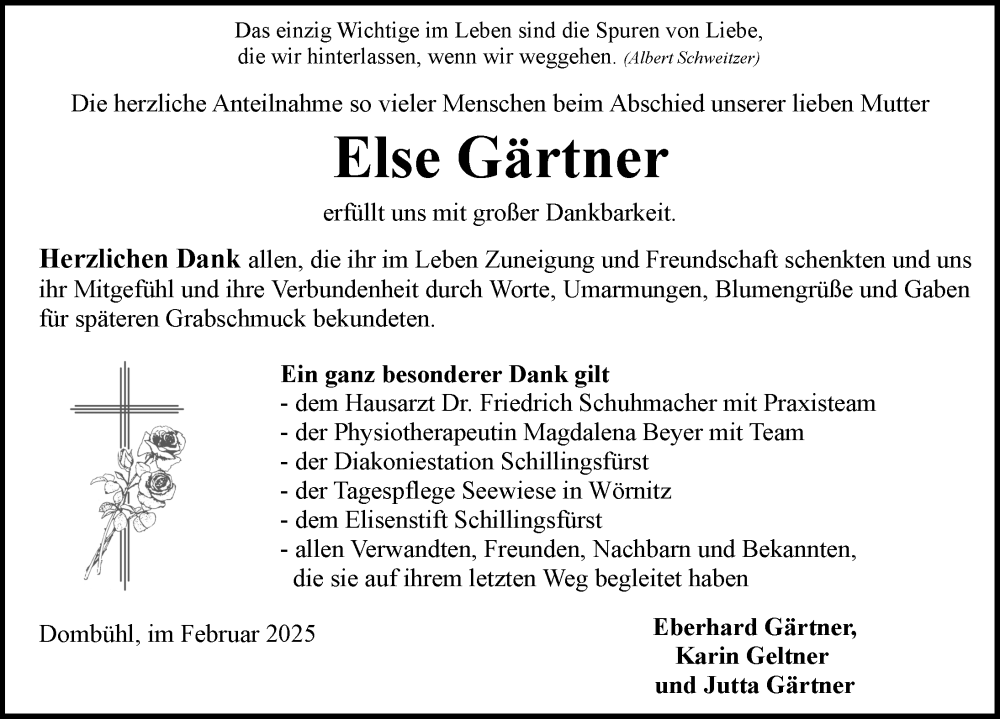  Traueranzeige für Else Gärtner vom 08.02.2025 aus Rothenburg