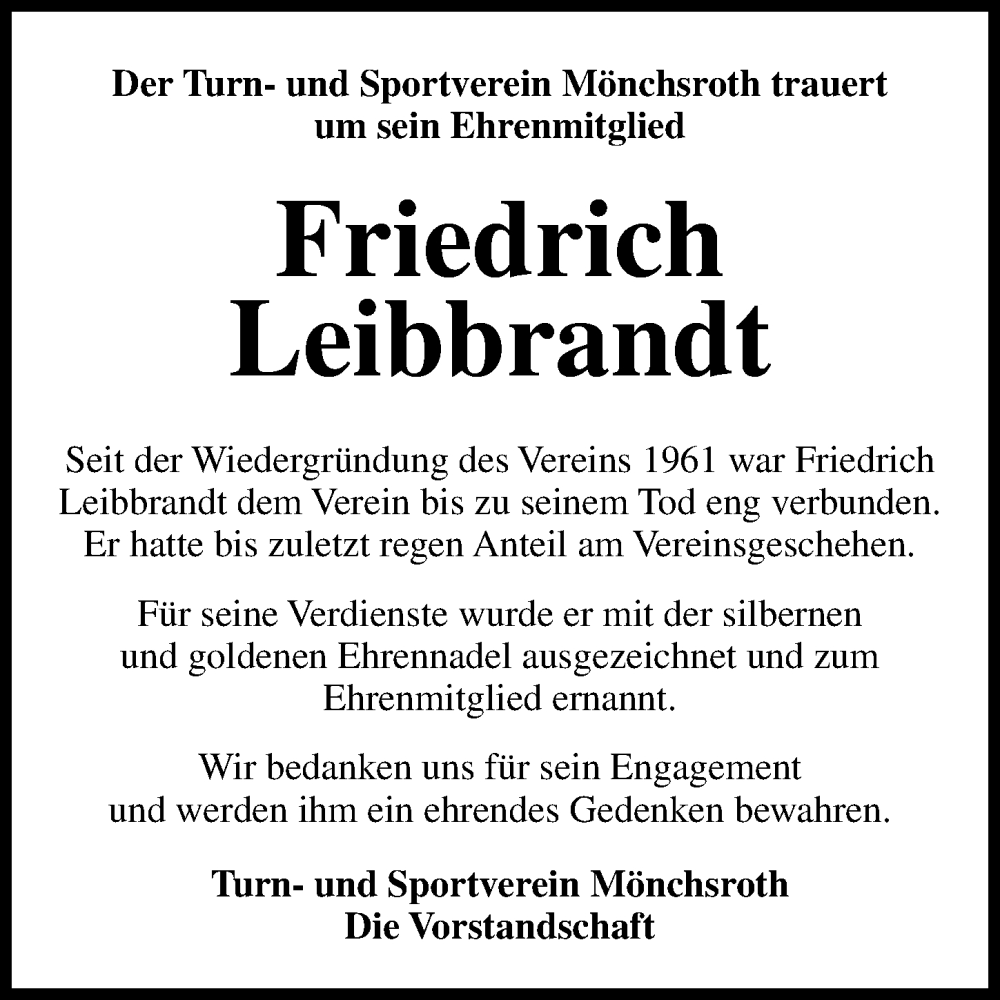  Traueranzeige für Friedrich Leibbrandt vom 28.02.2025 aus Dinkelsbühl/ Feuchtwangen