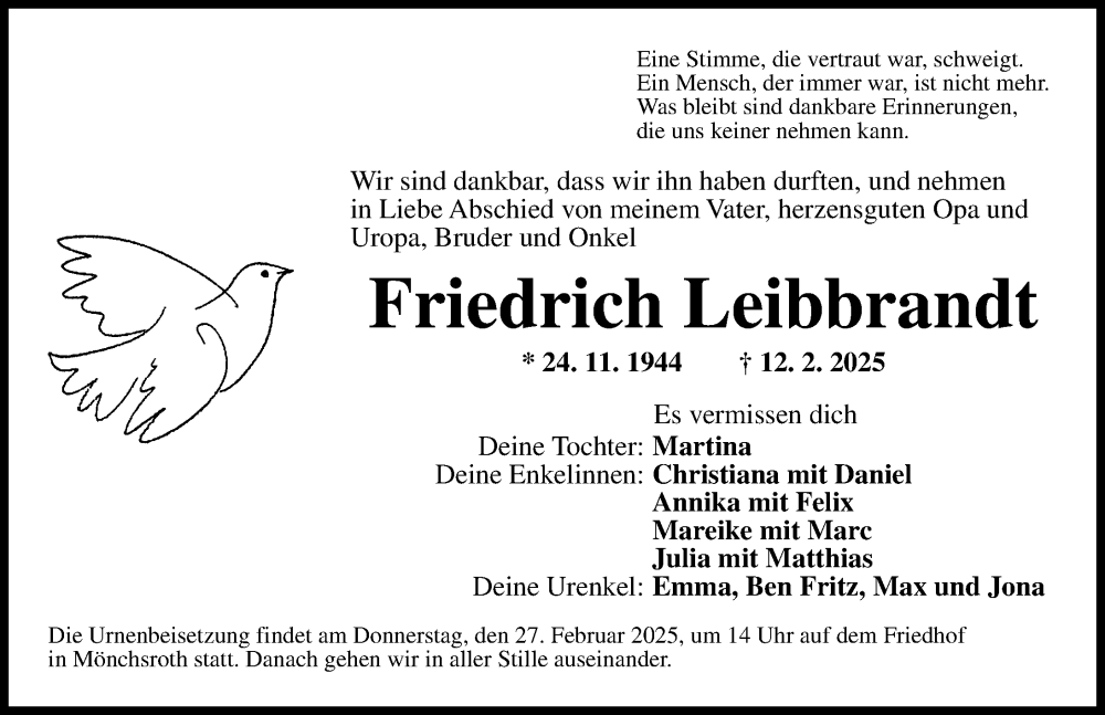  Traueranzeige für Friedrich Leibbrandt vom 25.02.2025 aus Dinkelsbühl/ Feuchtwangen