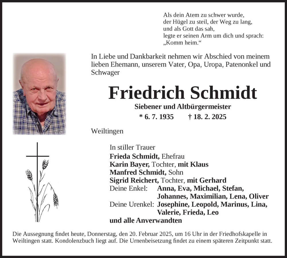  Traueranzeige für Friedrich Schmidt vom 20.02.2025 aus Dinkelsbühl/ Feuchtwangen